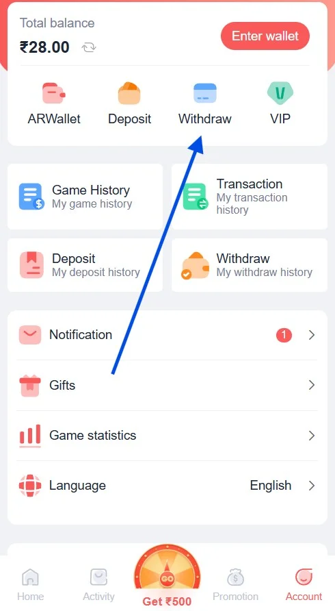 Open the withdraw page
